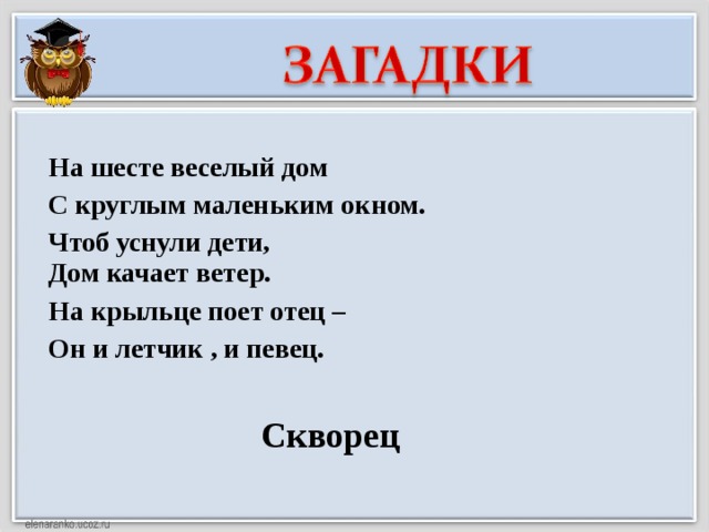 На шесте веселый дом С круглым маленьким окном. Чтоб уснули дети, Дом качает ветер. На крыльце поет отец – Он и летчик , и певец. Скворец 