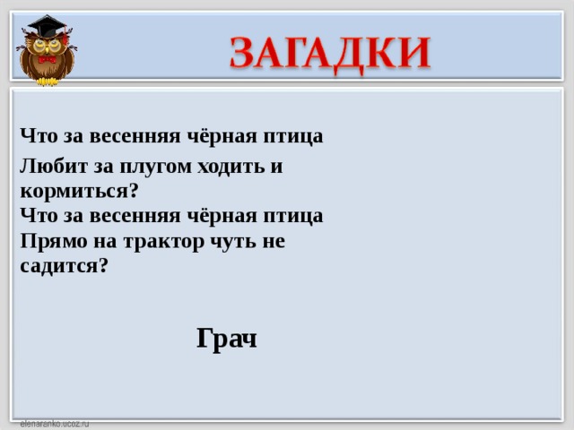 Что за весенняя чёрная птица Любит за плугом ходить и кормиться?  Что за весенняя чёрная птица  Прямо на трактор чуть не садится? Грач 
