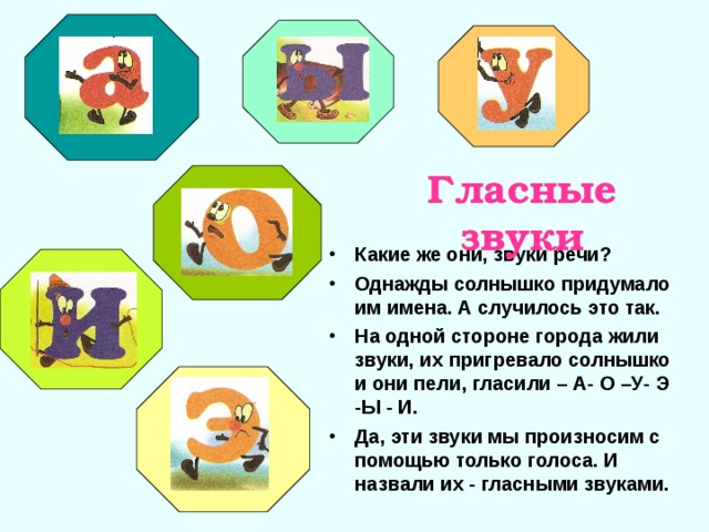 Гласные звуки Какие же они, звуки речи? Однажды солнышко придумало им имена. А случилось это так. На одной стороне города жили звуки, их пригревало солнышко и они пели, гласили – А- О –У- Э -Ы - И. Да, эти звуки мы произносим с помощью только голоса. И назвали их - гласными звуками.  