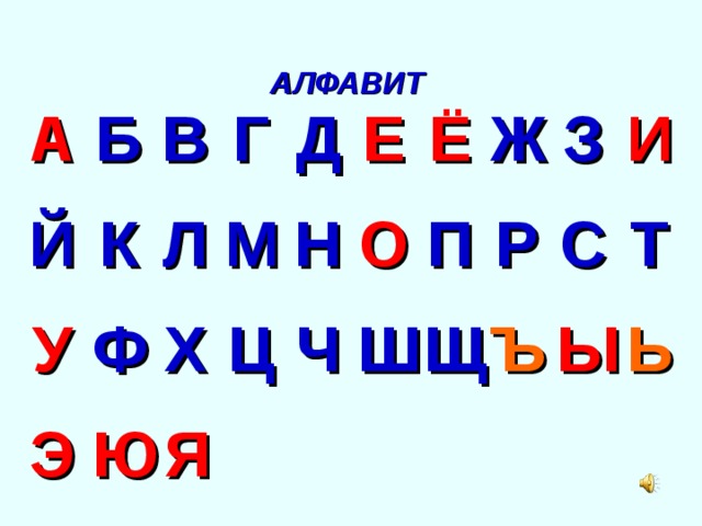 АЛФАВИТ .. А Б Й В У К Э Г Ф Л Х Ю Д М Е Ц Я Н О Е Ч П Ж Ш Р З Щ С Ъ И Ы Т Ь 