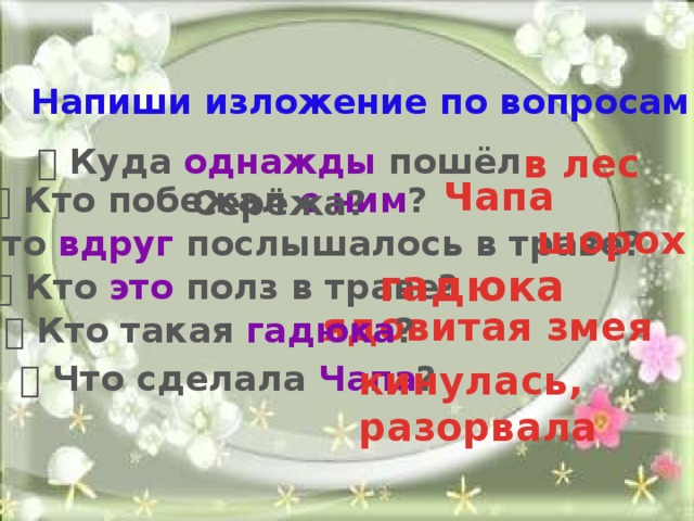 Напиши изложение по вопросам.   Куда однажды пошёл Серёжа? в лес    Кто побежал с ним ? Чапа шорох   Что вдруг послышалось в траве? гадюка   Кто это полз в траве? ядовитая змея   Кто такая гадюка ?   Что сделала Чапа ? кинулась,  разорвала 