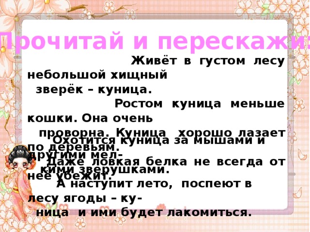 Прочитай и перескажи:  Живёт в густом лесу небольшой хищный  зверёк – куница.  Ростом куница меньше кошки. Она очень  проворна. Куница хорошо лазает по деревьям.  Даже ловкая белка не всегда от неё убежит.  Охотится куница за мышами и другими мел-  кими зверушками.  А наступит лето, поспеют в лесу ягоды – ку-  ница и ими будет лакомиться. 