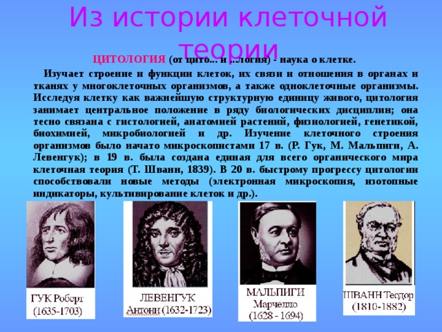 Из истории клеточной теории  ЦИТОЛОГИЯ (от цито... и ...логия) - наука о клетке.  Изучает строение и функции клеток, их связи и отношения в органах и тканях у многоклеточных организмов, а также одноклеточные организмы. Исследуя клетку как важнейшую структурную единицу живого, цитология занимает центральное положение в ряду биологических дисциплин; она тесно связана с гистологией, анатомией растений, физиологией, генетикой, биохимией, микробиологией и др. Изучение клеточного строения организмов было начато микроскопистами 17 в. (Р. Гук, М. Мальпиги, А. Левенгук); в 19 в. была создана единая для всего органического мира клеточная теория (Т. Шванн, 1839). В 20 в. быстрому прогрессу цитологии способствовали новые методы (электронная микроскопия, изотопные индикаторы, культивирование клеток и др.). 