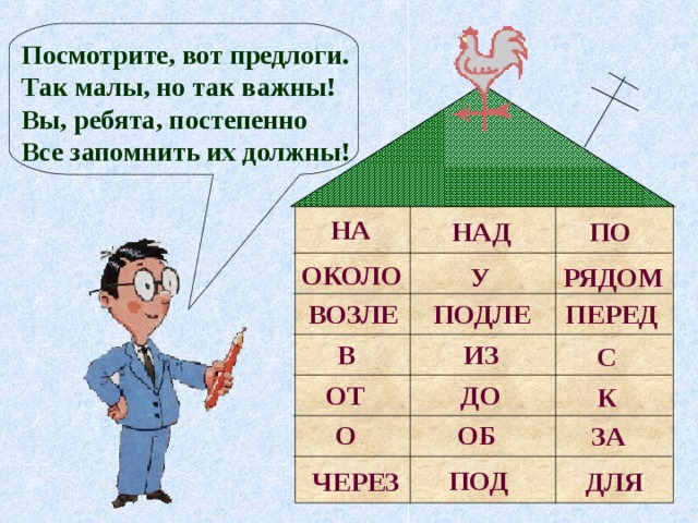 Посмотрите, вот предлоги. Так малы, но так важны! Вы, ребята, постепенно Все запомнить их должны! НА ПО НАД ОКОЛО РЯДОМ У ПОДЛЕ ВОЗЛЕ ПЕРЕД В ИЗ С ДО ОТ К О ОБ ЗА ПОД ЧЕРЕЗ ДЛЯ 