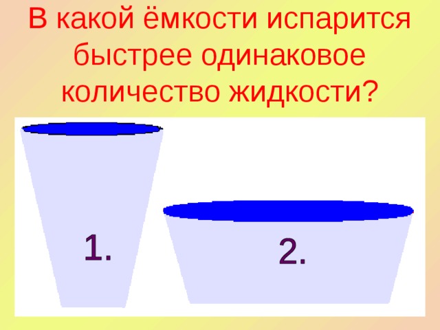 В какой ёмкости испарится быстрее одинаковое количество жидкости? 