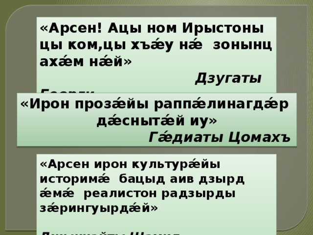 «Арсен! Ацы ном Ирыстоны цы ком,цы хъǽу нǽ зонынц ахǽм нǽй»  Дзугаты Георги «Ирон прозǽйы раппǽлинагдǽр дǽснытǽй иу»  Гǽдиаты Цомахъ «Арсен ирон культурǽйы историмǽ бацыд аив дзырд ǽмǽ реалистон радзырды зǽрингуырдǽй»  Джыккайты Шамил 