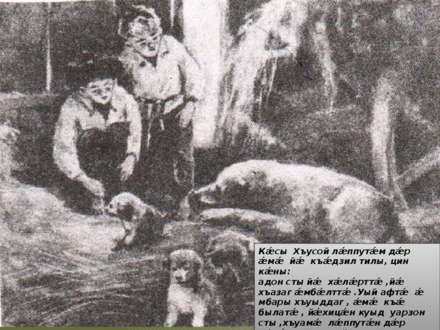 Кǽсы Хъусой лǽппутǽм дǽр ǽмǽ йǽ къǽдзил тилы, цин кǽны: адон сты йǽ хǽлǽрттǽ ,йǽ хъазаг ǽмбǽлттǽ .Уый афтǽ ǽ мбары хъуыддаг , ǽмǽ къǽ былатǽ , йǽхицǽн куыд уарзон сты ,хъуамǽ лǽппутǽн дǽр афтǽ уарзон уой» 