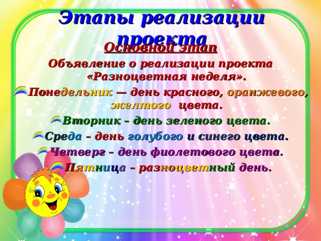 Этапы реализации проекта Основной этап Объявление о реализации проекта «Разноцветная неделя». Поне дель ник — день красного, оранжевого , желтого цвета. Вторник – день зеленого цвета. Сре да – день голубого  и  синего цвета. Четверг – день фиолетового цвета. П я т н и ц а – раз но цвет ный день.  