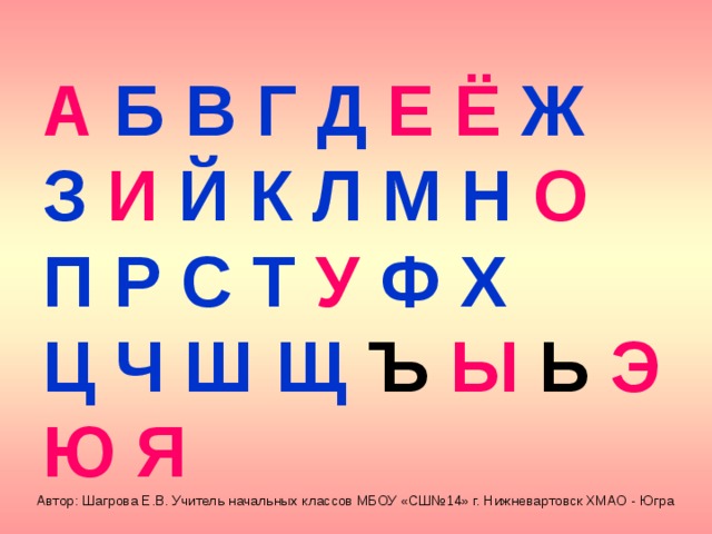 А  Б В Г Д  Е Ё  Ж  З  И Й К Л М Н  О  П Р С Т У Ф Х   Ц Ч Ш Щ Ъ Ы Ь Э Ю Я Автор: Шагрова Е.В. Учитель начальных классов МБОУ «СШ№14» г. Нижневартовск ХМАО - Югра 