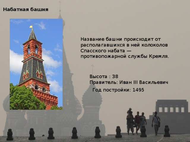 Набатная башня  Название башни происходит от располагавшихся в ней колоколов Спасского набата — противопожарной службы Кремля. Высота : 38 Правитель: Иван III Васильевич Год постройки: 1495 