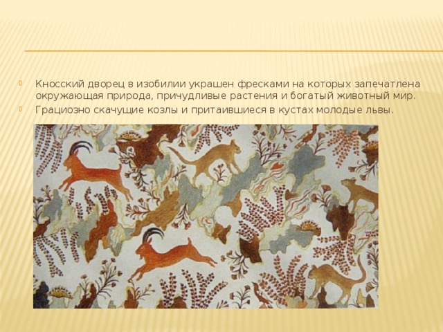 Кносский дворец в изобилии украшен фресками на которых запечатлена окружающая природа, причудливые растения и богатый животный мир. Грациозно скачущие козлы и притаившиеся в кустах молодые львы. 