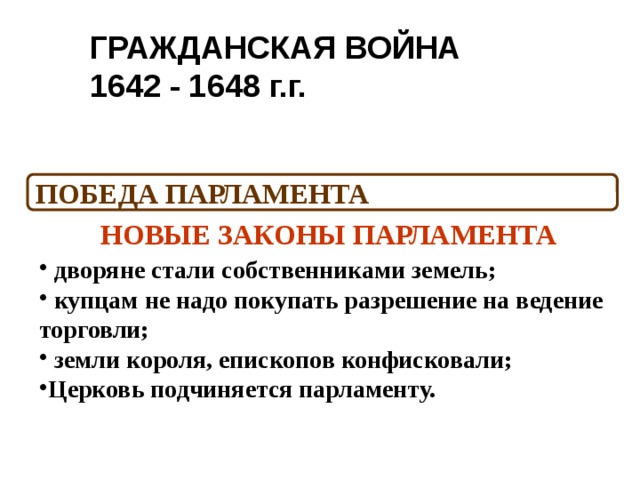 ГРАЖДАНСКАЯ ВОЙНА 1642 - 1648 г.г. ПОБЕДА ПАРЛАМЕНТА НОВЫЕ ЗАКОНЫ ПАРЛАМЕНТА  дворяне стали собственниками земель;  купцам не надо покупать разрешение на ведение торговли;  земли короля, епископов конфисковали; Церковь подчиняется парламенту. 