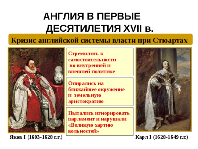 АНГЛИЯ В ПЕРВЫЕ  ДЕСЯТИЛЕТИЯ XVII в.   Кризис английской системы власти при Стюартах Стремились к самостоятельности  во внутренней и внешней политике  Опирались на ближайшее окружение и земельную аристократию   Пытались игнорировать парламент и нарушали «Великую хартию вольностей»  Карл I (1628-1649 г.г.) Яков I (1603-1628 г.г.) 