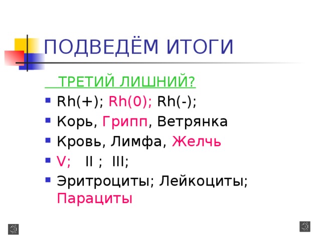 ПОДВЕДЁМ ИТОГИ  ТРЕТИЙ ЛИШНИЙ? Rh(+); Rh(0); Rh(-); Корь, Грипп , Ветрянка Кровь, Лимфа, Желчь V; II ; III; Эритроциты; Лейкоциты; Парациты 