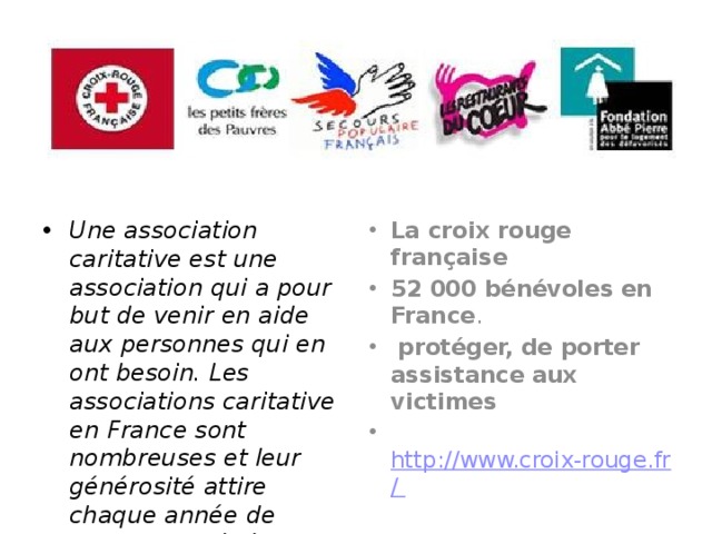 Une association caritative est une association qui a pour but de venir en aide aux personnes qui en ont besoin. Les associations caritative en France sont nombreuses et leur générosité attire chaque année de nombreux bénévoles. La croix rouge française 52 000 bénévoles en France .   protéger, de porter assistance aux victimes   http://www.croix-rouge.fr/  