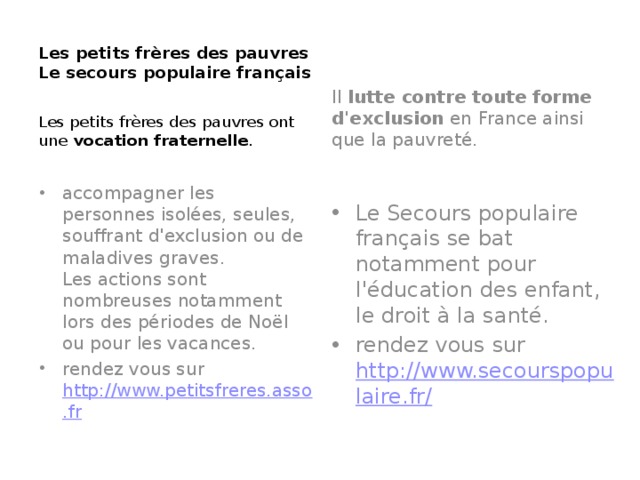 Les petits frères des pauvres  Le secours populaire français    Les petits frères des pauvres ont une  vocation fraternelle . Il  lutte contre toute forme d'exclusion  en France ainsi que la pauvreté. accompagner les personnes isolées, seules, souffrant d'exclusion ou de maladives graves.  Les actions sont nombreuses notamment lors des périodes de Noël ou pour les vacances. rendez vous sur  http://www.petitsfreres.asso.fr Le Secours populaire français se bat notamment pour l'éducation des enfant, le droit à la santé. rendez vous sur  http://www.secourspopulaire.fr/ 