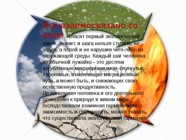 Всё взаимосвязано со всем - гласит первый экологический закон. Значит, и шага нельзя ступить, не задев, а порой и не нарушив чего-либо из окружающей среды. Каждый шаг человека по обычной лужайке - это десятки погубленных микроорганизмов, спугнутых насекомых, изменяющих миграционные пути, а может быть, и снижающих свою естественную продуктивность. До появления человека и его деятельного отношения к природе в живом мире господствовали взаимная гармоничная зависимость и связанность, можно сказать, что существовала экологическая гармония . 