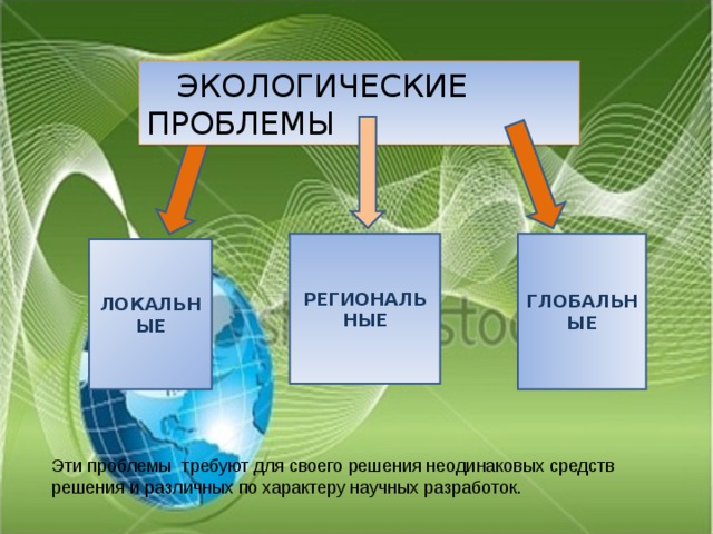  ЭКОЛОГИЧЕСКИЕ ПРОБЛЕМЫ РЕГИОНАЛЬНЫЕ ГЛОБАЛЬНЫЕ ЛОКАЛЬНЫЕ Эти проблемы требуют для своего решения неодинаковых средств решения и различных по характеру научных разработок. 