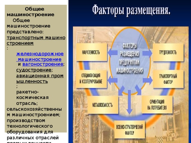 Общее машиностроение  Общее машиностроение представлено: транспортным машиностроением : железнодорожное машиностроение   и  вагоностроение ; судостроение ; авиационная промышленность ; ракетно-космическая отрасль; сельскохозяйственным машиностроением; производством технологического оборудования для различных отраслей промышленности. 