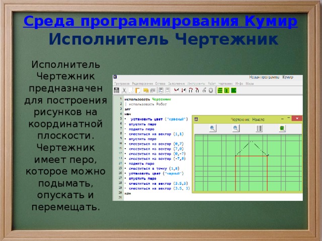 Среда программирования Кумир   Исполнитель Чертежник Исполнитель Чертежник предназначен для построения рисунков на координатной плоскости. Чертежник имеет перо, которое можно подымать, опускать и перемещать. 