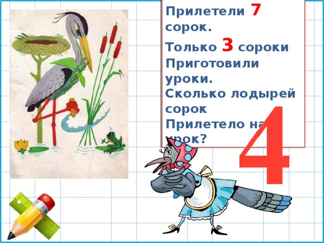  К серой цапле на урок Прилетели  7  сорок. Только 3  сороки Приготовили уроки. Сколько лодырей сорок Прилетело на урок? 