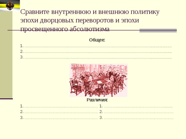 Сравните внутреннюю и внешнюю политику эпохи дворцовых переворотов и эпохи просвещенного абсолютизма Общее: 1. ……………………………………………………………………………………………………………......................... 2. ……………………………………………………………………………………………………………......................... 3. ……………………………………………………………………………………………………………......................... Различия: 1. ……………………………………………………. 1. …………………………………………........... 2. ……………………………………………………. 2. …………………………………………………. 3. ……………………………………………………. 3. …………………………………………………. 