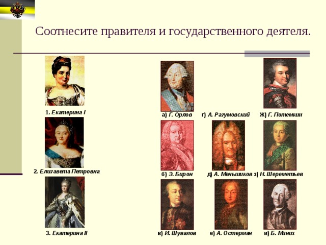 Соотнесите правителя и государственного деятеля. 1. Екатерина I г) А. Разумовский Ж) Г. Потемкин а) Г. Орлов 2. Елизавета Петровна д) А. Меньшиков з) Н. Шереметьев б) Э. Бирон е) А. Остерман в) И. Шувалов 3. Екатерина II и) Б. Миних 