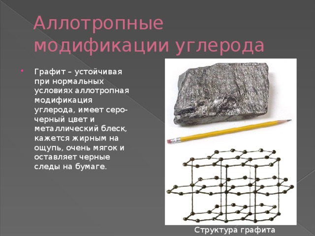 Аллотропные модификации углерода Графит – устойчивая при нормальных условиях аллотропная модификация углерода, имеет серо-черный цвет и металлический блеск, кажется жирным на ощупь, очень мягок и оставляет черные следы на бумаге. Структура графита 