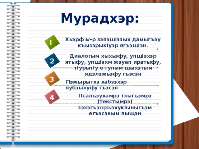 Мурадхэр: Хьэрф ы -р зэпэщIэзых дамыгъэу къызэрыкIуэр ягъэщIэн. I Диалогым хыхьэфу, упщIэхэр ятыфу, упщIэхм жэуап иратыфу, тIурытIу е гупым щыхэтым ядэлэжьэфу гъэсэн 2 3 Пэжырытхэ хабзэхэр яубзыхуфу гъэсэн Псалъэухамрэ тхыгъэмрэ (текстымрэ) зэхэгъэщхьэхукIыныгъэм егъэсэным пыщэн 4 
