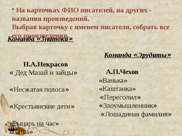 На карточках ФИО писателей, на других - названия произведений. Выбрав карточку с именем писателя, собрать все его произведения. Команда « Знатоки »    Н.А.Некрасов  « Дед Мазай и зайцы »   « Несжатая полоса »   « Крестьянские дети »   «Рыцарь на час»  «Саша»  Команда « Эрудиты »
