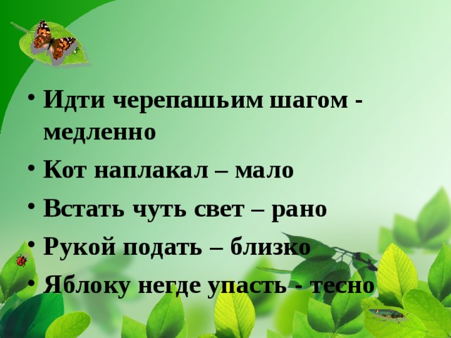 Идти черепашьим шагом - медленно Кот наплакал – мало Встать чуть свет – рано Рукой подать – близко Яблоку негде упасть - тесно 