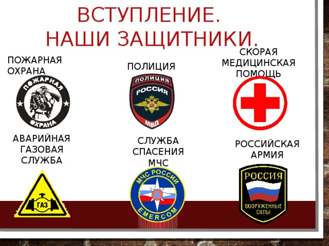 Вступление.  Наши защитники. Скорая медицинская помощь Пожарная охрана полиция Российская армия Аварийная газовая служба Служба спасения мчс 
