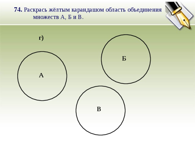 74. Раскрась жёлтым карандашом область объединения  множеств А, Б и В. г) Б А В 