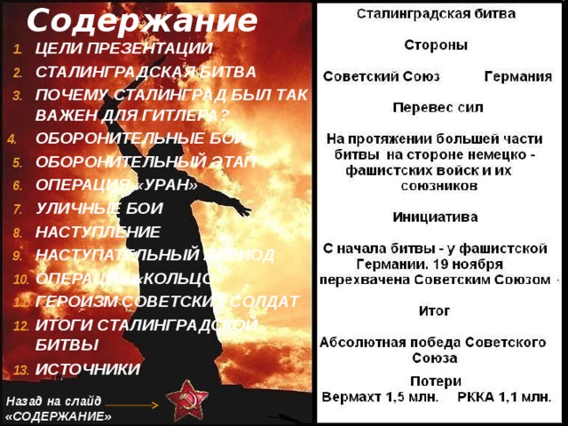 Содержание ЦЕЛИ ПРЕЗЕНТАЦИИ СТАЛИНГРАДСКАЯ БИТВА ПОЧЕМУ СТАЛИНГРАД БЫЛ ТАК ВАЖЕН ДЛЯ ГИТЛЕРА? ОБОРОНИТЕЛЬНЫЕ БОИ ОБОРОНИТЕЛЬНЫЙ ЭТАП ОПЕРАЦИЯ «УРАН» УЛИЧНЫЕ БОИ НАСТУПЛЕНИЕ НАСТУПАТЕЛЬНЫЙ ПЕРИОД ОПЕРАЦИЯ «КОЛЬЦО» ГЕРОИЗМ СОВЕТСКИХ СОЛДАТ ИТОГИ СТАЛИНГРАДСКОЙ БИТВЫ ИСТОЧНИКИ   Назад на слайд «СОДЕРЖАНИЕ»  