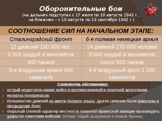Оборонительные бои  (на дальних подступах с 17 июля по 10 августа 1942 г.,  на ближних – с 10 августа по 13 сентября 1942 г.)   СООТНОШЕНИЕ СИЛ НА НАЧАЛЬНОМ ЭТАПЕ: Сталинградский фронт 6-я полевая немецкая армия 12 дивизий 160 000 чел. 14 дивизий 270 000 человек 2 200 орудий и минометов 3 000 орудий и минометов 400 танков около 500 танков 8-я воздушная армия 454 самолета 4-й воздушный флот 1 200 самолетов  Сложность обстановки: острый недостаток наших войск в противотанковой и зенитной артиллерии ; нехватка боеприпасов ; большинство дивизий не имело боевого опыта , другие дивизии были измотаны в предыдущих боях ; открытый степной характер местности позволял вражеской авиации производить удары по советским войскам (потеря людей, вооружения и боевой техники). 