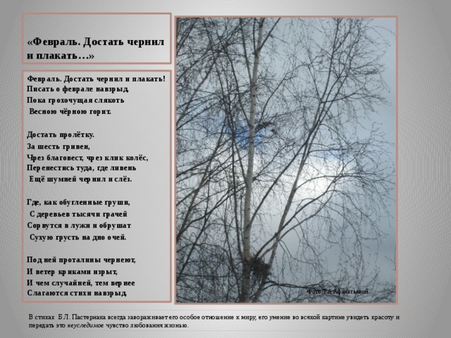 «Февраль. Достать чернил и плакать…» Февраль. Достать чернил и плакать! Писать о феврале навзрыд, Пока грохочущая слякоть  Весною чёрною горит.  Достать пролётку. За шесть гривен, Чрез благовест, чрез клик колёс, Перенестись туда, где ливень  Ещё шумней чернил и слёз.  Где, как обугленные груши,  С деревьев тысячи грачей Сорвутся в лужи и обрушат  Сухую грусть на дно очей.  Под ней проталины чернеют, И ветер криками изрыт, И чем случайней, тем вернее Слагаются стихи навзрыд. Фото Т.А.Афанасьевой В стихах Б.Л. Пастернака всегда завораживает его особое отношение к миру, его умение во всякой картине увидеть красоту и передать это неуследимое чувство любования жизнью. 