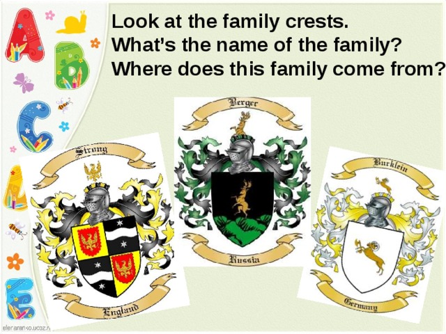 Look at the family crests. What’s the name of the family? Where does this family come from? 