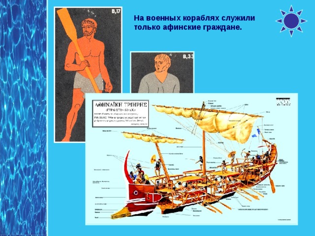 На военных кораблях служили только афинские граждане. Бедные граждане приходили сюда на заработки. 
