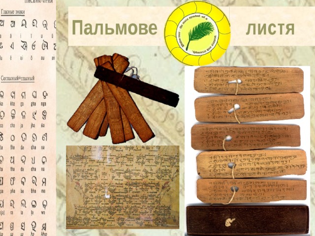 Пальмове  листя У давній Індії матеріалом для перших книг служило пальмове листя, яке висушували, нарізували довгими вузькими смужками. Текст писали тушшю тонким пензликом. Давні індійці першими здогадалися збирати написані сторіночки в купку та прошнуровувати. Інший їхній винахід – палітурка: стопка прошнурованих сторінок з обох боків закривали обструганими дерев’яними дощечками, щоб книга краще зберігалася. Палітурки прикрашалися яскравими картинками-мініатюрами. Пальмове листя - матеріал неміцний, тому прадавні індійські книги не вціліли до нашого часу.  