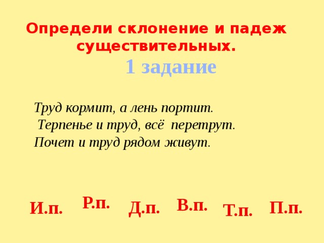 Определи склонение и падеж существительных. 1 задание Труд кормит, а лень портит.  Терпенье и труд, всё перетрут. Почет и труд рядом живут.  Р.п.  В.п.  Д.п.  П.п.  И.п.  Т.п. 