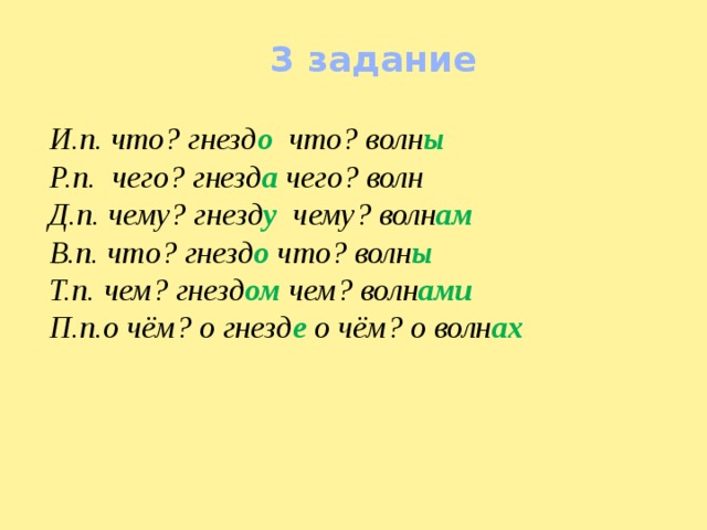 3 задание И.п. что? гнезд о  что? волн ы Р.п. чего? гнезд а чего? волн Д.п. чему? гнезд у чему? волн ам В.п. что? гнезд о что? волн ы Т.п. чем? гнезд ом чем? волн ами П.п.о чём? о гнезд е о чём? о волн ах 