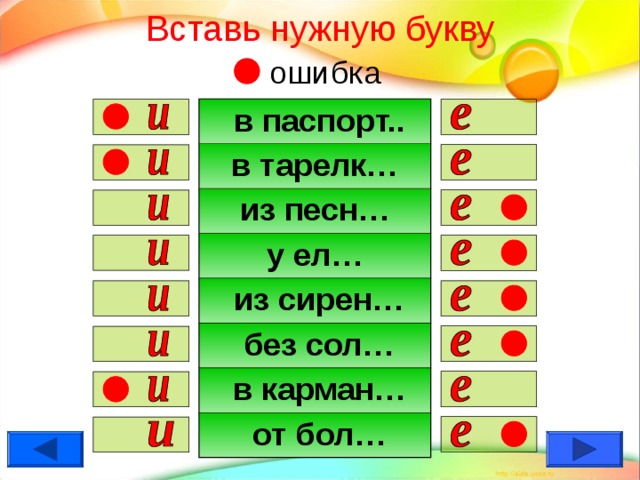 Вставь нужную букву   ошибка  в паспорт.. в тарелк… из песн… у ел…  из сирен…  без сол…  в карман…  от бол…                  