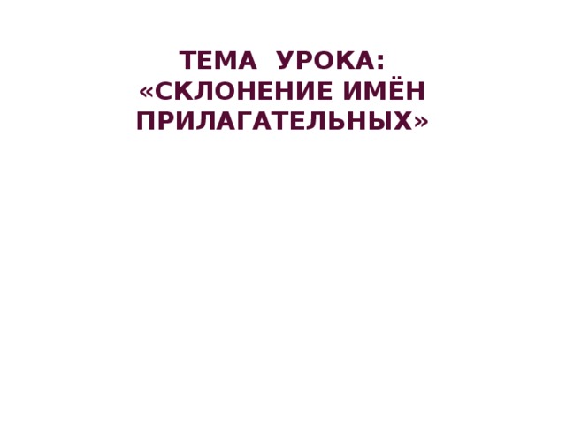     ТЕМА УРОКА:  «СКЛОНЕНИЕ ИМЁН ПРИЛАГАТЕЛЬНЫХ»   