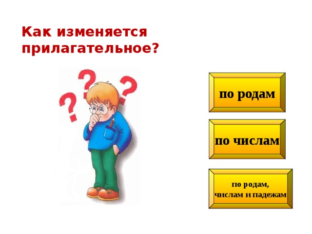 Как изменяется прилагательное? по родам по числам по родам, числам и падежам 
