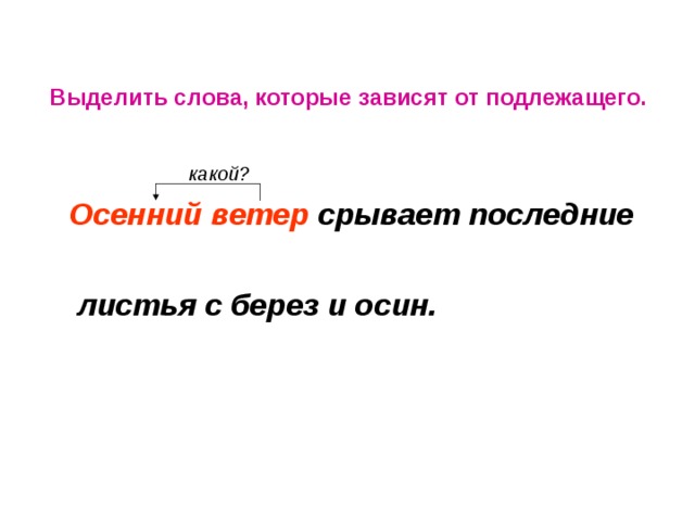 Выделить слова, которые зависят от подлежащего.  какой?  Осенний  ветер срывает последние   листья с берез и осин.    