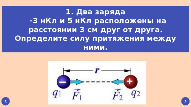 1. Два заряда   -3 нКл и 5 нКл расположены на расстоянии 3 см друг от друга. Определите силу притяжения между ними.