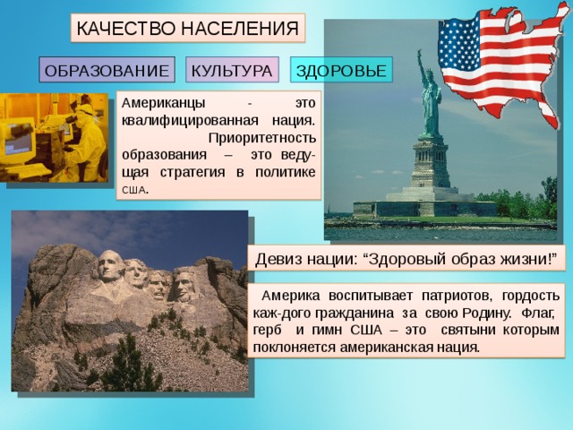 КАЧЕСТВО НАСЕЛЕНИЯ ОБРАЗОВАНИЕ ЗДОРОВЬЕ КУЛЬТУРА Американцы - это квалифицированная нация. Приоритетность образования – это веду-щая стратегия в политике США . Девиз нации: “Здоровый образ жизни!”  Америка воспитывает патриотов, гордость каж-дого гражданина за свою Родину. Флаг, герб и гимн США – это святыни которым поклоняется американская нация. 