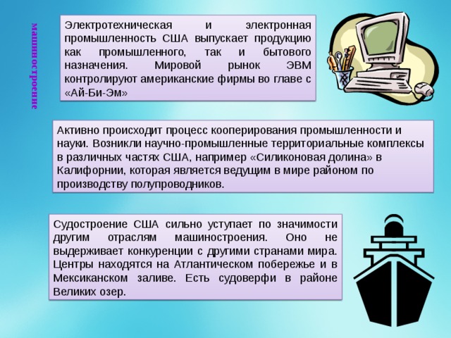 машиностроение Электротехническая и электронная промышленность США выпускает продукцию как промышленного, так и бытового назначения. Мировой рынок ЭВМ контролируют американские фирмы во главе с «Ай-Би-Эм» Активно происходит процесс кооперирования промышленности и науки. Возникли научно-промышленные территориальные комплексы в различных частях США, например «Силиконовая долина» в Калифорнии, которая является ведущим в мире районом по производству полупроводников. Судостроение США сильно уступает по значимости другим отраслям машиностроения. Оно не выдерживает конкуренции с другими странами мира. Центры находятся на Атлантическом побережье и в Мексиканском заливе. Есть судоверфи в районе Великих озер. 