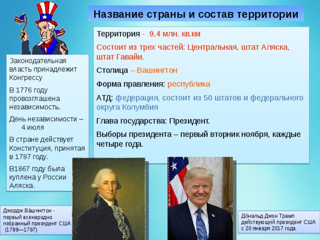 Название страны и состав территории Территория - 9,4 млн. кв.км Состоит из трех частей: Центральная, штат Аляска, штат Гавайи. Столица – Вашингтон Форма правления: республика АТД: федерация, состоит из 50 штатов и федерального округа Колумбия Глава государства: Президент. Выборы президента – первый вторник ноября, каждые четыре года.  Законодательная власть принадлежит Конгрессу В 1776 году провозглашена независимость. День независимости – 4 июля В стране действует Конституция, принятая в 1787 году. В1867 году была куплена у России Аляска. Джордж Ва́шингтон - первый всенародно избранный президент США  (1789—1797) До́нальд Джон Трамп действующий президент США с 20 января 2017 года. 