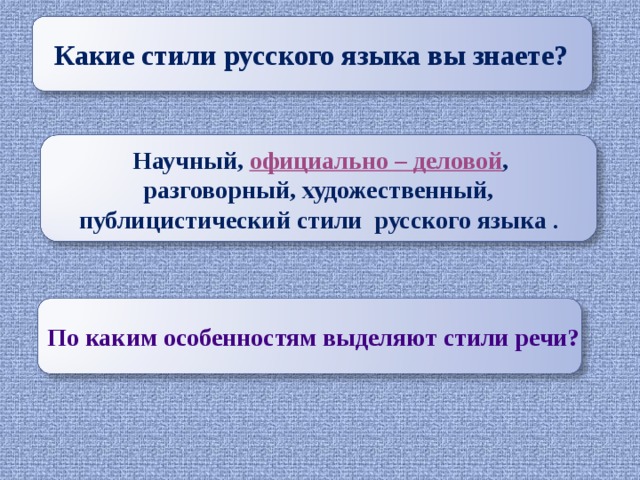 Какие стили русского языка вы знаете?  Научный, официально – деловой , разговорный, художественный, публицистический стили русского языка . По каким особенностям выделяют стили речи?